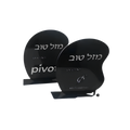 Black personalized gift boxes with Hebrew lettering and white branding, arranged in multiple shapes and sizes.