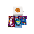 Personalized white gift box with a round brown leather-style Hebrew name tag, filled with colorful candy and snack packages.