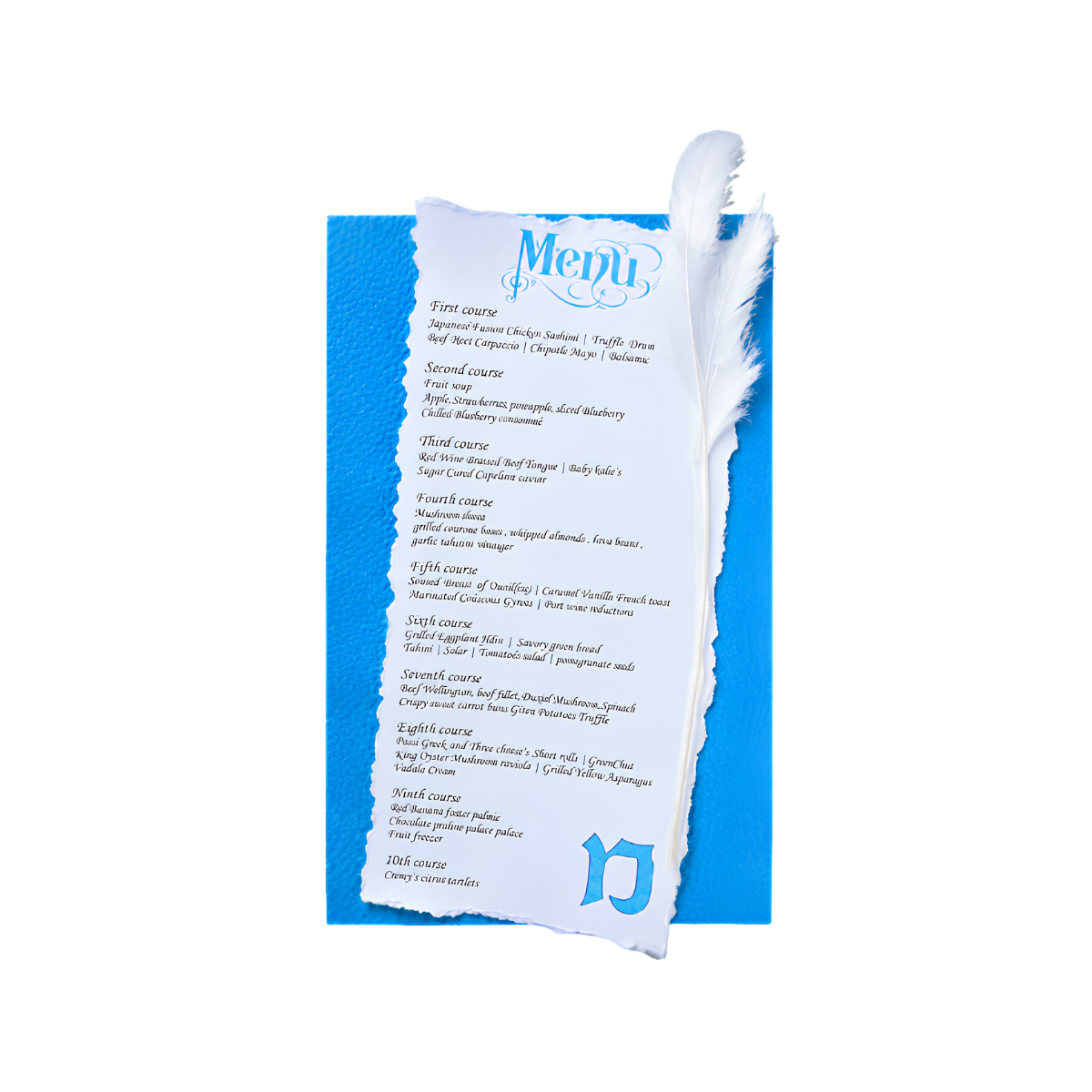 Light blue personalized gift bag with matching handles, featuring a white printed label with multiple lines of text and a decorative blue logo at the bottom.