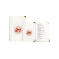 White personalized gift packaging set featuring two matching cards with pink circular logos and a printed insert card with multiple lines of text.