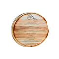 Round woodgrain-style personalized label with a brown border, black printed text, and a small decorative logo at the top.