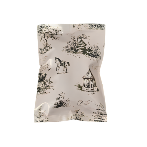 White personalized fabric pouch featuring a repeating gray botanical and gazebo illustration pattern with delicate decorative details.