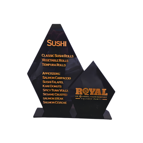 Black personalized gift packaging featuring orange “Sushi” and “ROYAL” branding with multiple lines of orange printed text.