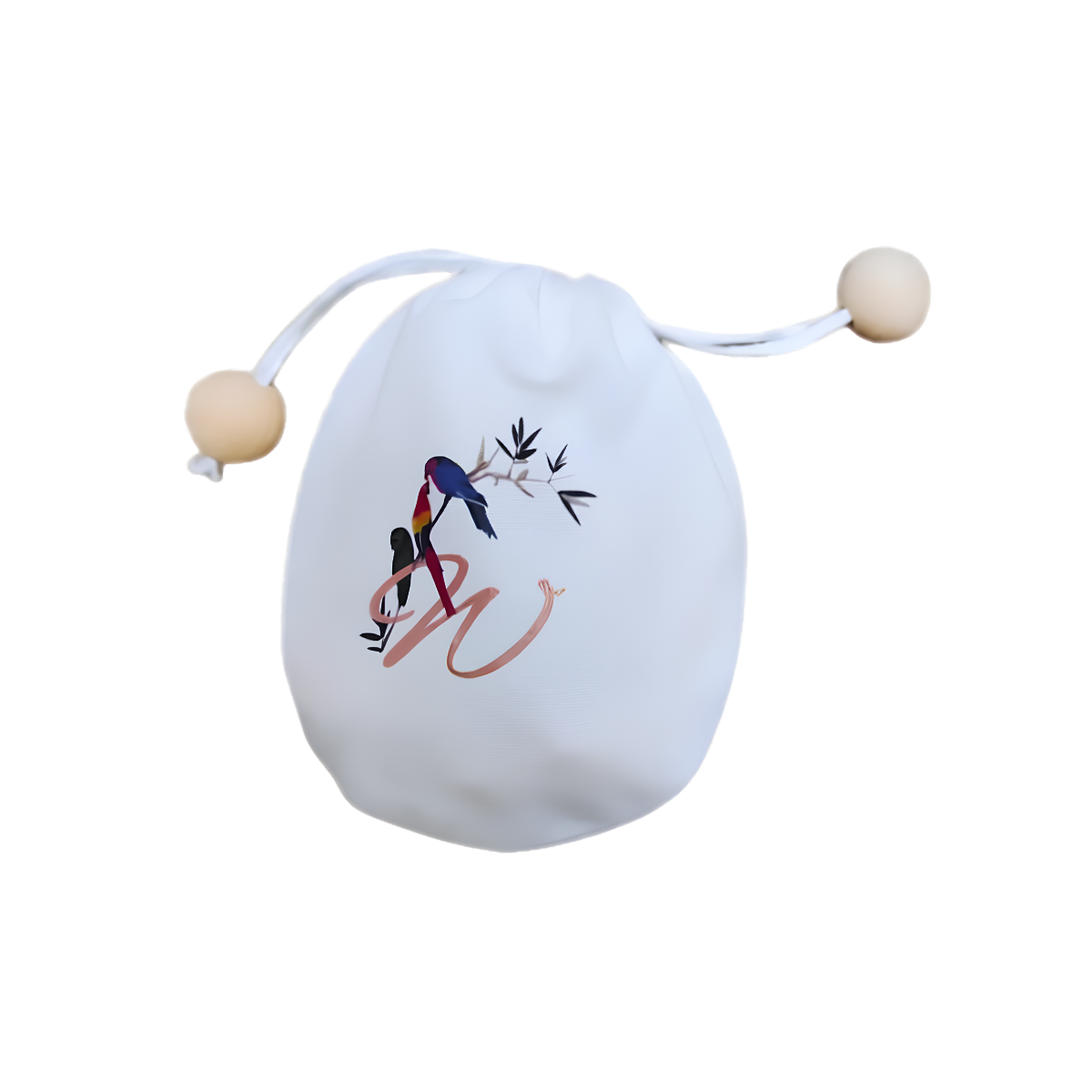 White personalized drawstring pouch featuring a colorful floral and bird design with a red monogram and wooden bead accents.