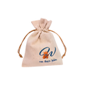 Personalized beige drawstring gift pouch with a blue and orange monogram design and decorative rope closure.