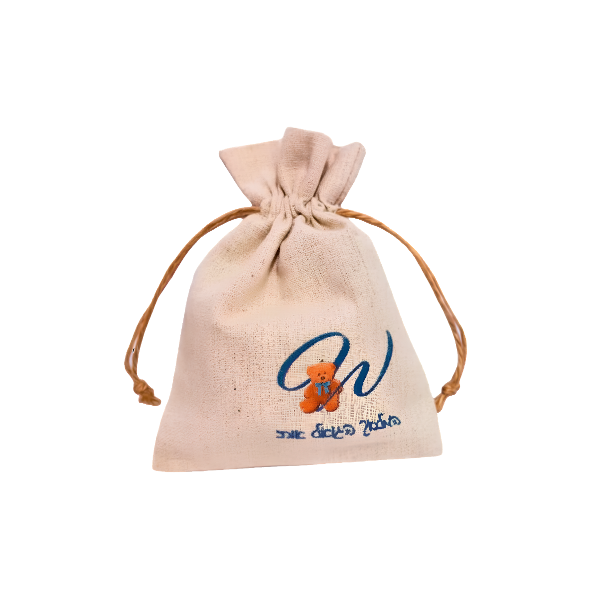 Personalized beige drawstring gift pouch with a blue and orange monogram design and decorative rope closure.