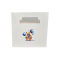 Personalized white gift bag featuring teddy bears in a basket surrounded by blue and white balloons, with “BABY HECHTMAN” text.