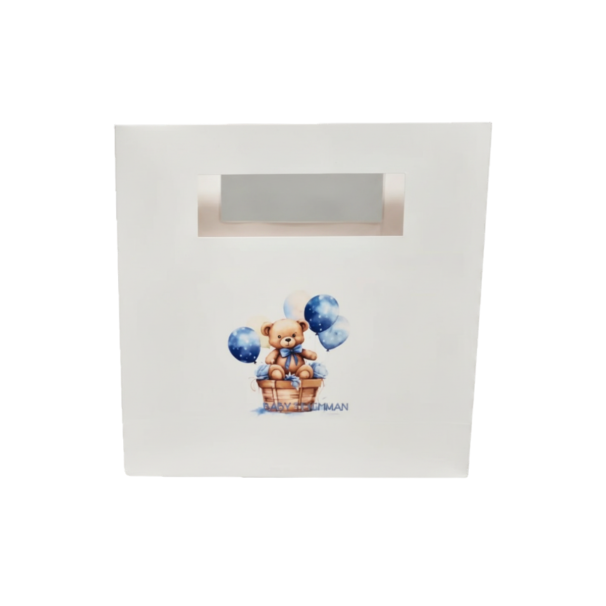 Personalized white gift bag featuring teddy bears in a basket surrounded by blue and white balloons, with “BABY HECHTMAN” text.