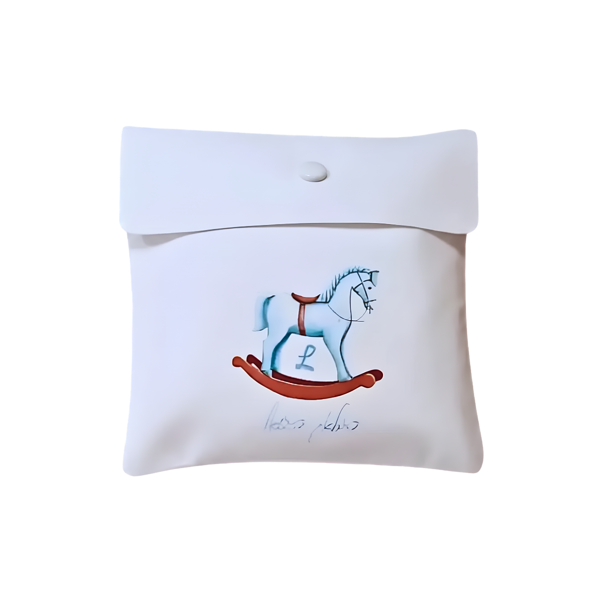 Personalized white gift pouch featuring a blue rocking horse illustration, light blue script, and a button closure.