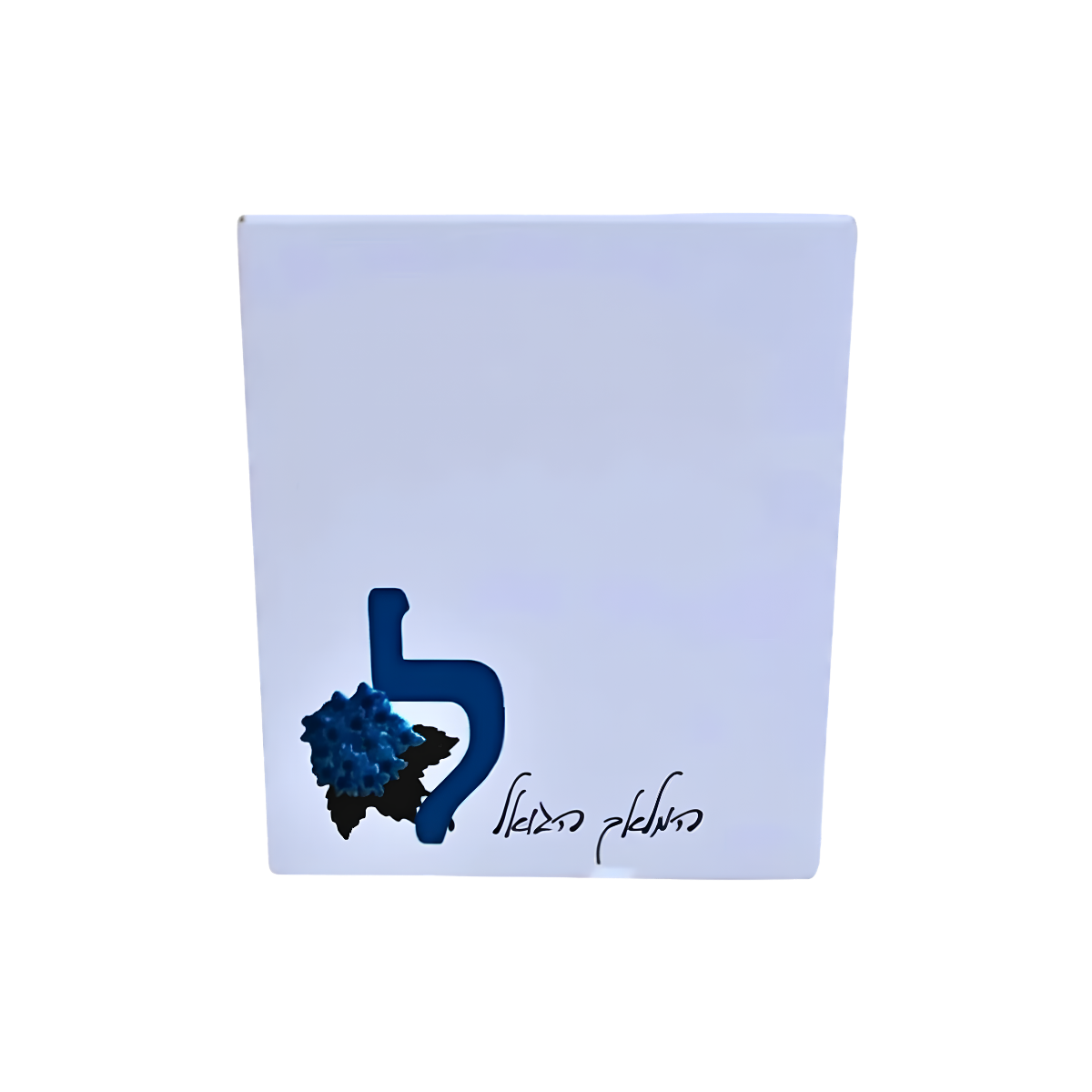 Personalized white gift box featuring a blue Hebrew letter, blue floral embellishment, and handwritten Hebrew text.