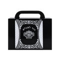 Black personalized gift bag featuring ornate white decorative borders, a crown emblem, and Hebrew lettering.
