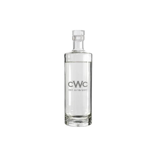Personalized clear glass bottle featuring a frosted CWC logo and established date design.