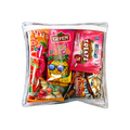 White textured gift pouch filled with assorted colorful candy, snacks, and individually packaged treats.