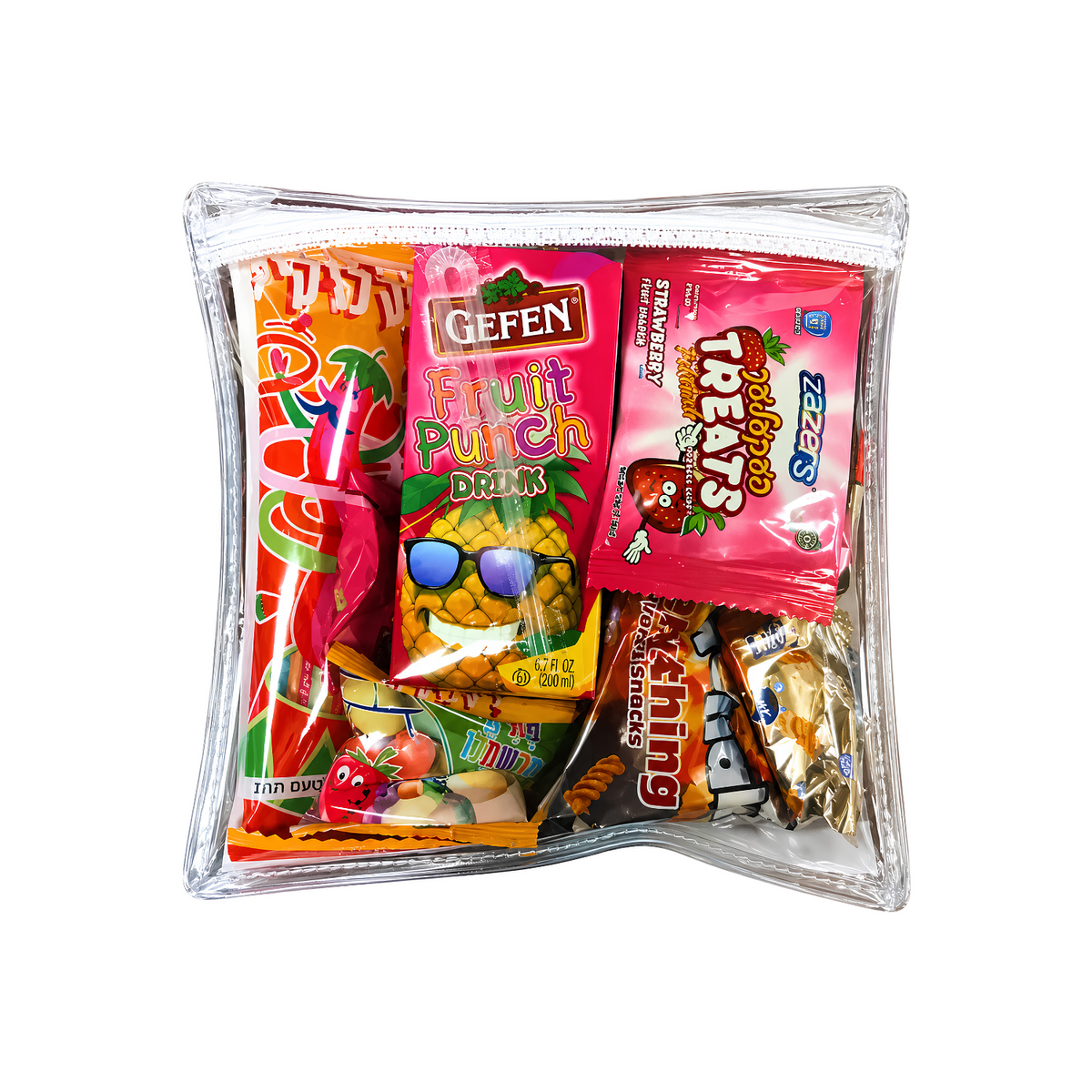 White textured gift pouch filled with assorted colorful candy, snacks, and individually packaged treats.
