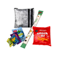 Personalized gray fabric gift pouch with black stripes, arranged with colorful candy, packaged snacks, and a long green-and-white candy stick.