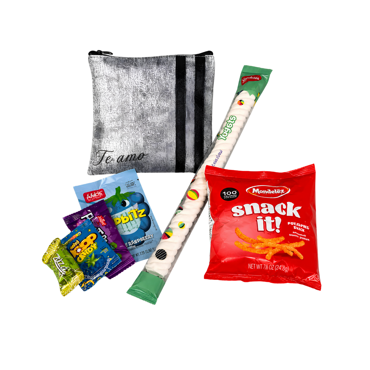 Personalized gray fabric gift pouch with black stripes, arranged with colorful candy, packaged snacks, and a long green-and-white candy stick.