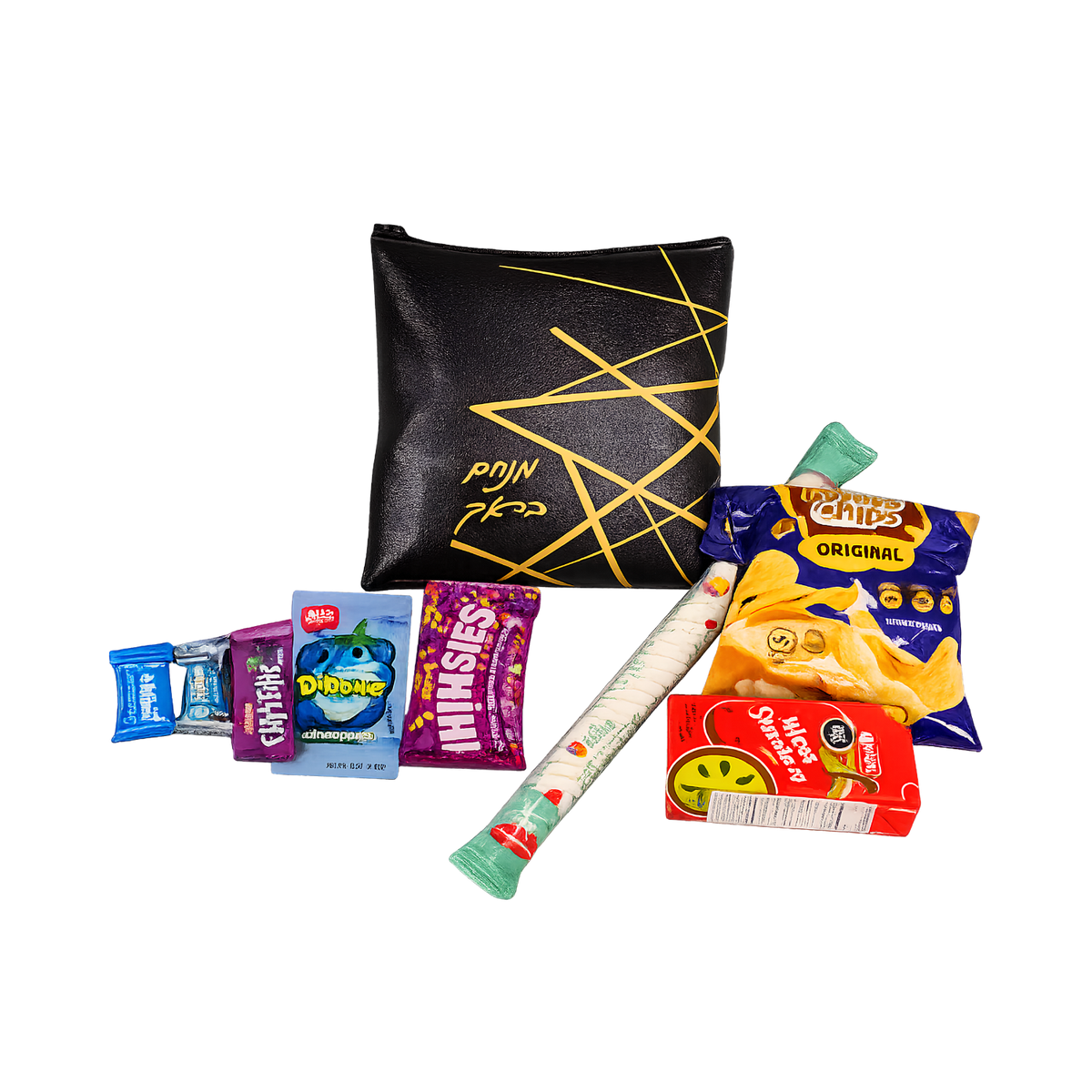 Black personalized gift pouch with gold line detailing, arranged with assorted colorful candy, packaged snacks, and a long green-and-white candy stick.
