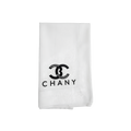 White textured drawstring gift bag featuring a black Chanel-inspired double-C logo and the word “CHANY.”