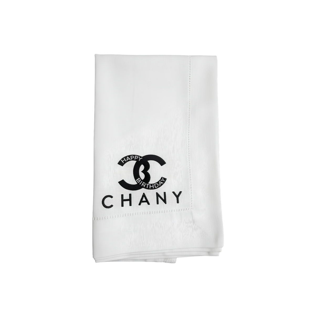 White textured drawstring gift bag featuring a black Chanel-inspired double-C logo and the word “CHANY.”