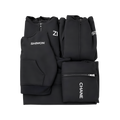 Black personalized gift set featuring a zippered pouch, compact bag, and matching accessories with white logo details.