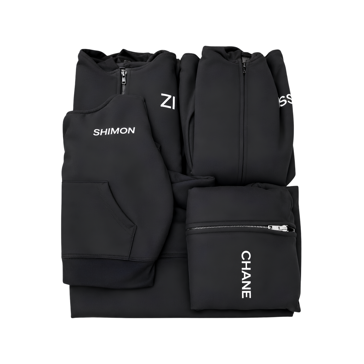Black personalized gift set featuring a zippered pouch, compact bag, and matching accessories with white logo details.