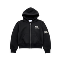Black hooded zip-up jacket with white personalized logos on the chest and sleeve.