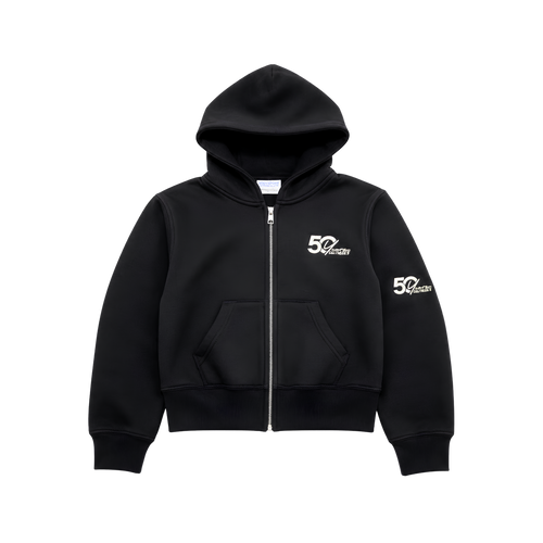 Black hooded zip-up jacket with white personalized logos on the chest and sleeve.