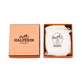 Personalized gift set featuring a cream drawstring pouch with a circular “YANEY” logo, presented in an orange gift box labeled “HALPERIN TANKY.”
