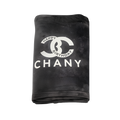 Black textured personalized pouch featuring a white Chanel-inspired double-C logo and the word “CHANY.”
