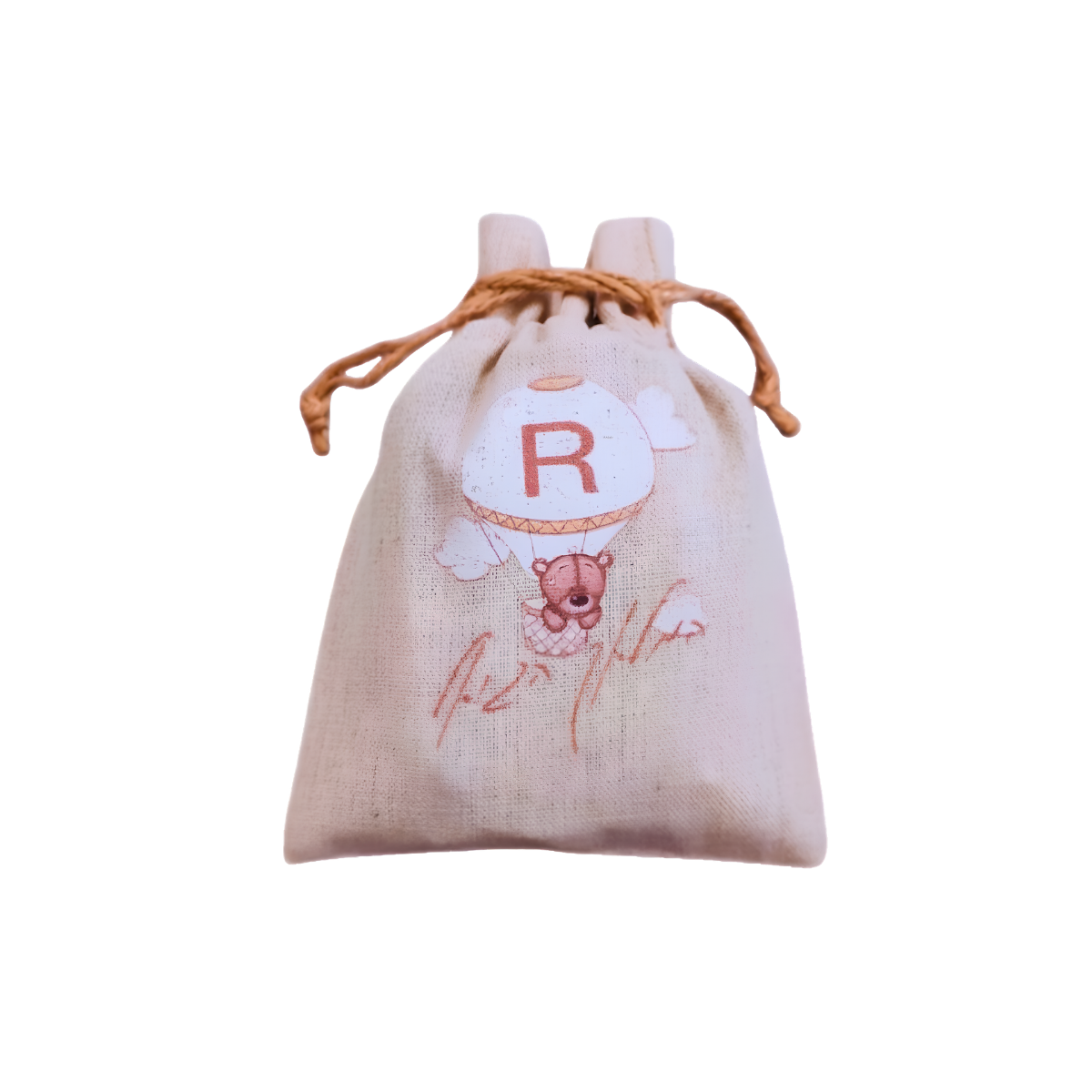 Personalized beige drawstring gift pouch featuring a teddy bear illustration, floral details, and a red monogram letter.