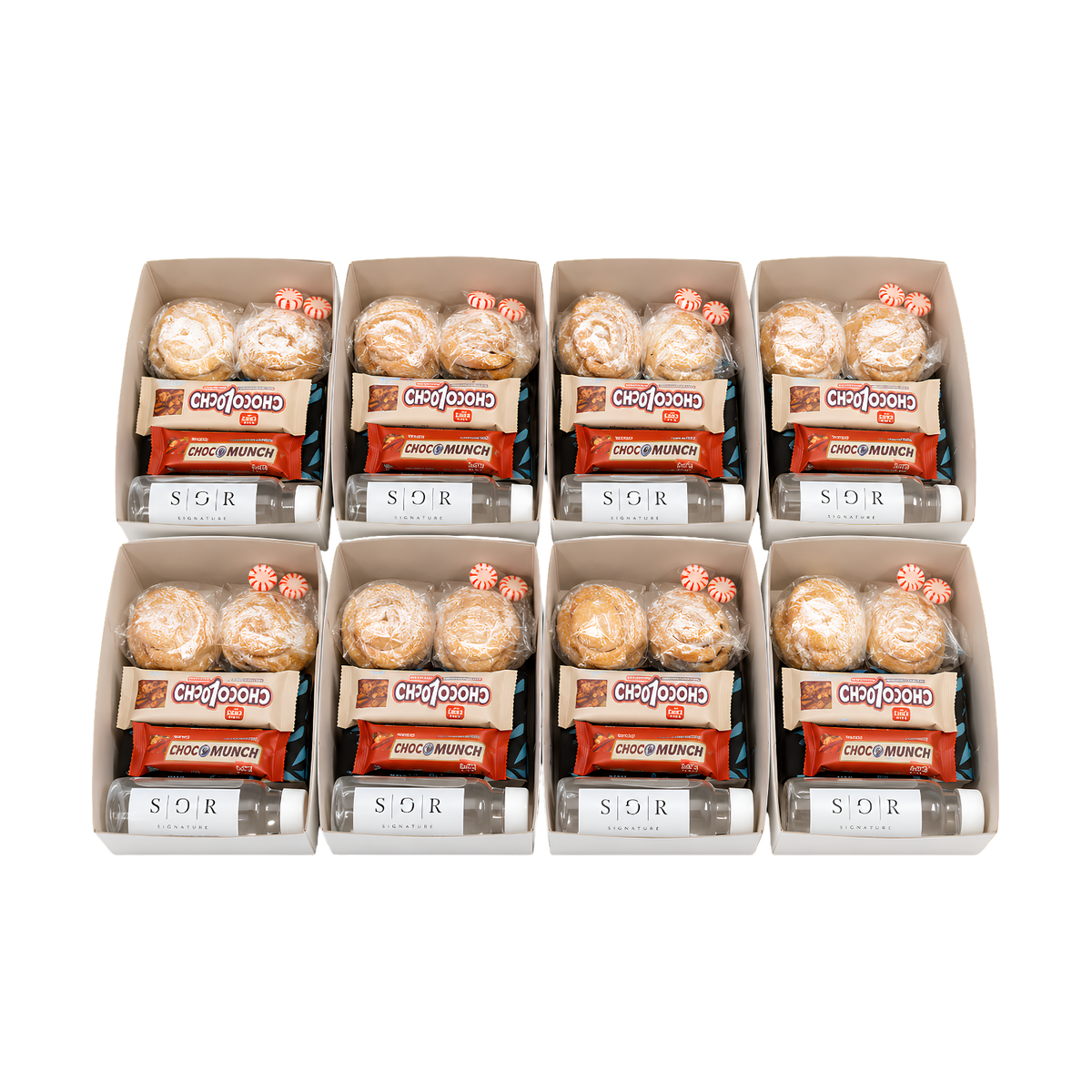 Set of eight personalized snack gift boxes arranged in two rows, each containing assorted treats with custom red and white labels.