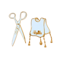 Personalized white apron with gold Hebrew lettering, paired with decorative scissors and a matching black-and-gold cord detail.