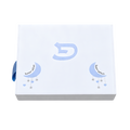 White personalized gift box featuring light blue Hebrew lettering and decorative crescent moon and star designs.