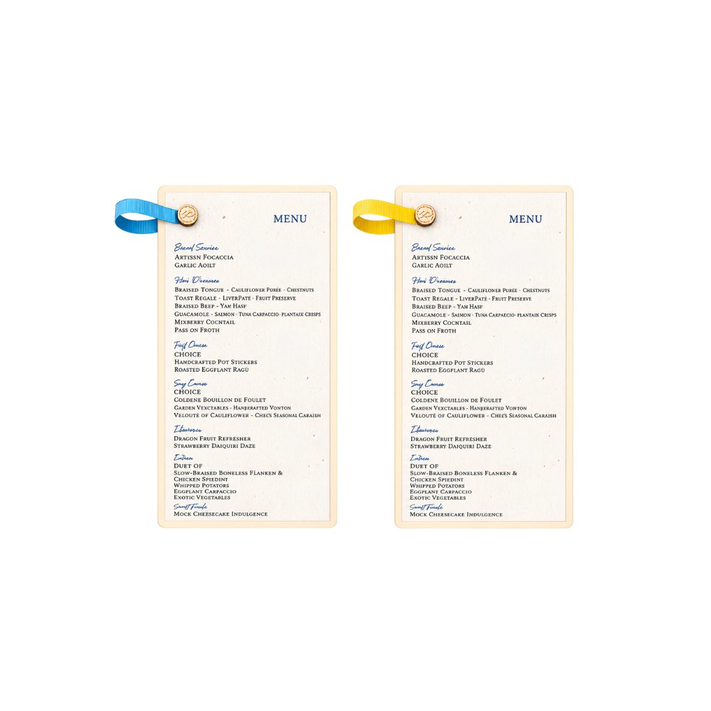 Elegant personalized event menus with blue ribbon accents and gold trim, displayed side by side.