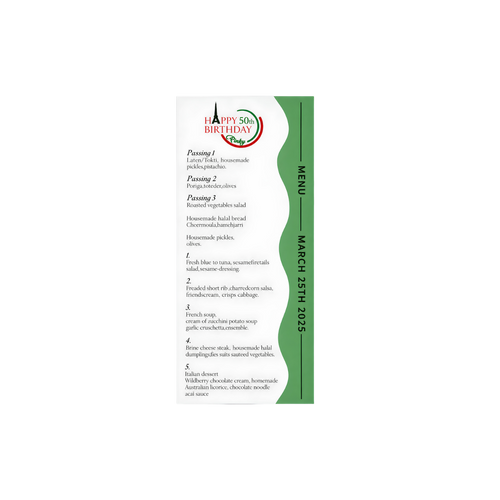 Personalized white event menu with green accents, red and green logo details, and Hebrew text.