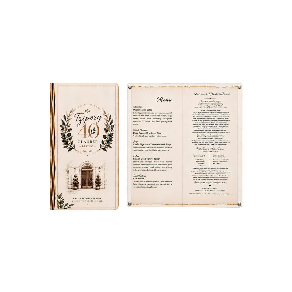 Elegant personalized event menu featuring a botanical design, gold accents, decorative typography, and a detailed two-page menu layout.