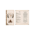 Elegant personalized event menu featuring a botanical design, gold accents, decorative typography, and a detailed two-page menu layout.