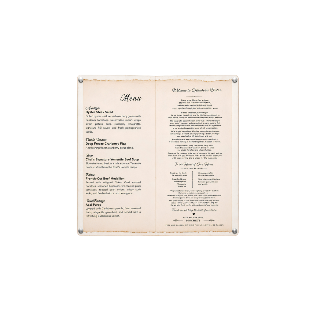 Elegant personalized event menu featuring a botanical design, gold accents, decorative typography, and a detailed two-page menu layout.