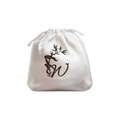 White satin drawstring gift pouch featuring a dark floral branch design and an elegant brown monogram.