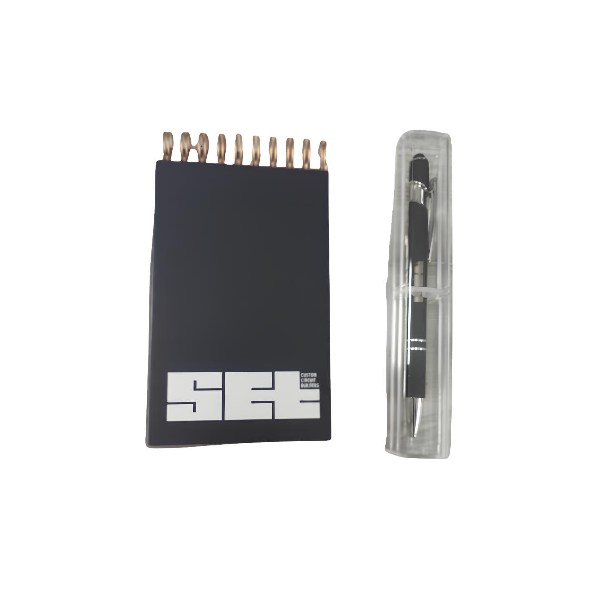 Black spiral-bound notebook with a white geometric logo on the cover, paired with a white pen in a protective case.
