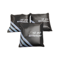 Set of three black personalized gift pouches featuring white Hebrew text and blue diagonal stripe accents.