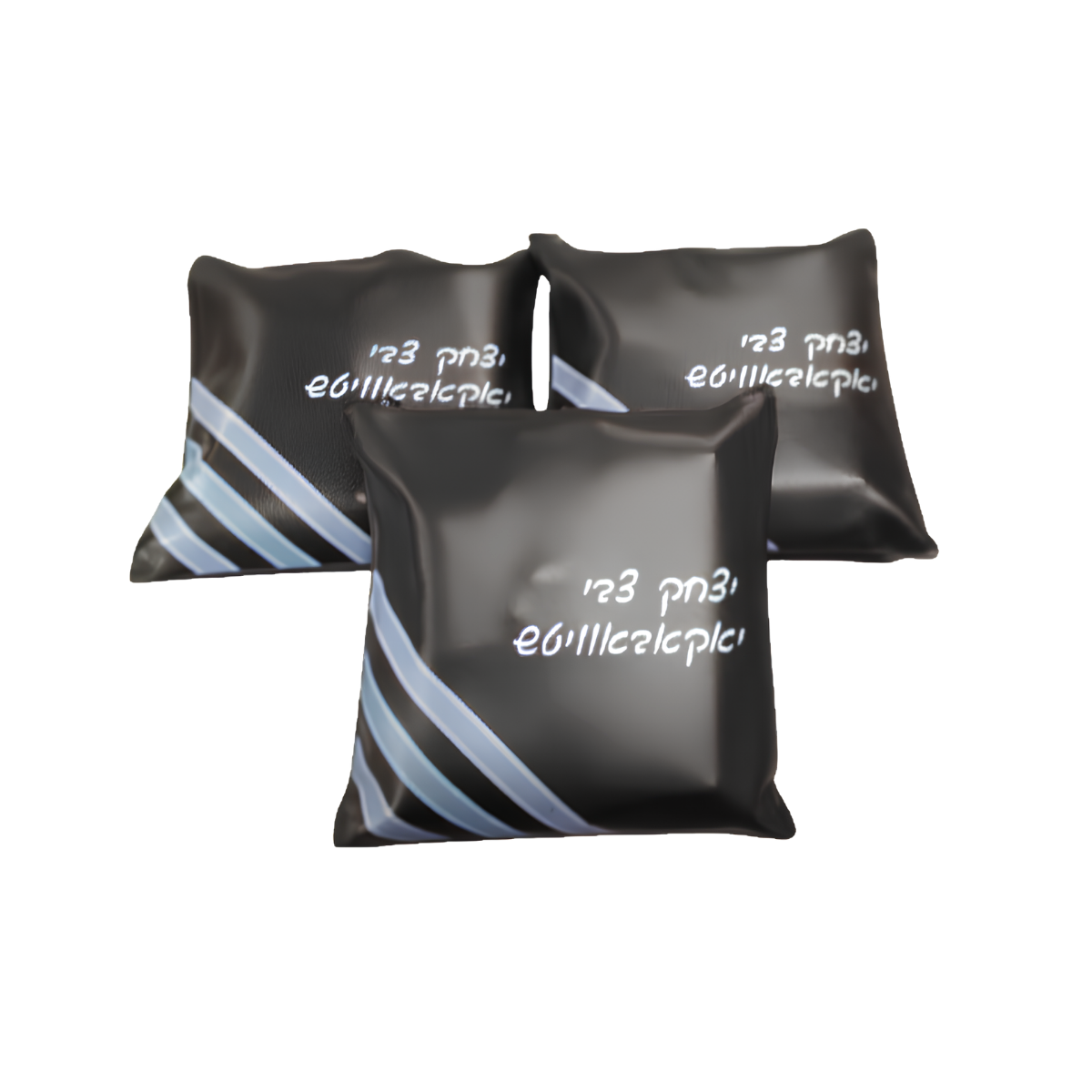 Set of three black personalized gift pouches featuring white Hebrew text and blue diagonal stripe accents.
