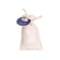 White mesh drawstring gift pouch with white ribbon ties, featuring a round blue decorative tag with a gold accent.