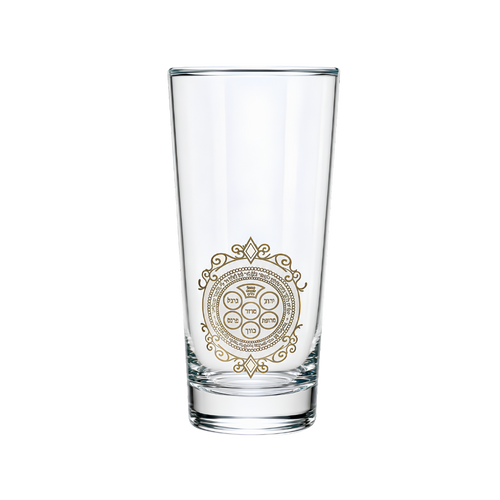 Clear glass drinking cup with an ornate gold circular decorative emblem printed on the front.