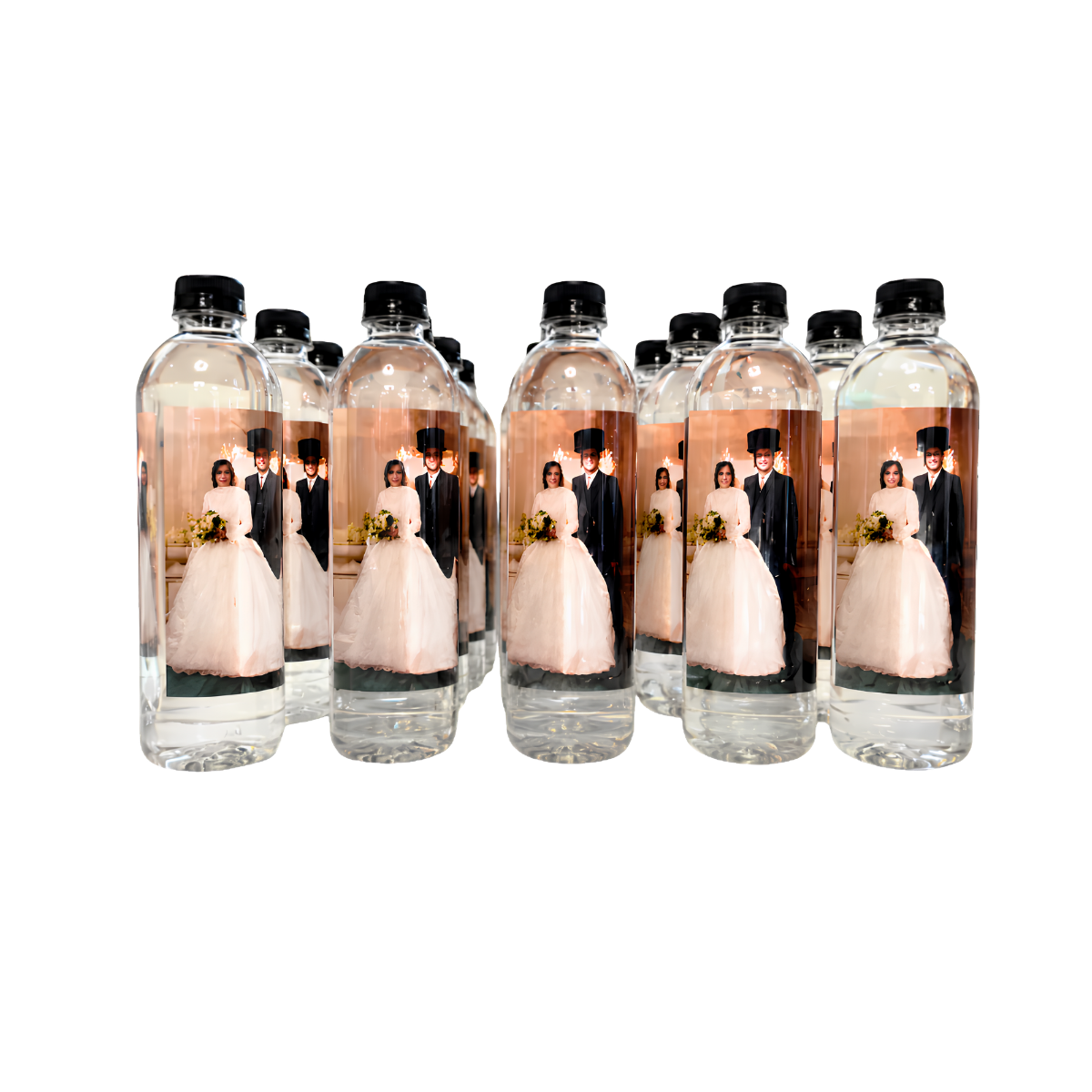 Set of five clear bottles with white caps, each featuring a personalized image of a woman in a white dress and decorative floral details.