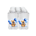 Set of two clear glass jars with white lids, featuring colorful teddy bear illustrations with blue balloons and decorative labels.
