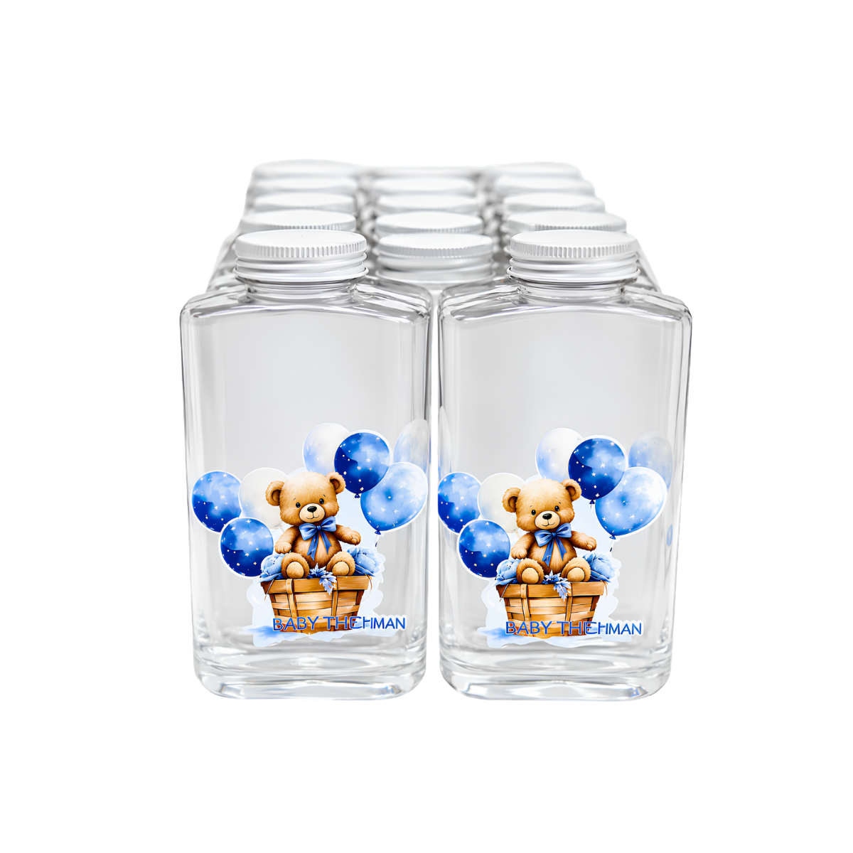 Set of two clear glass jars with white lids, featuring colorful teddy bear illustrations with blue balloons and decorative labels.