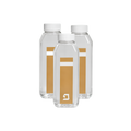 Set of two white personalized bottles with white caps, featuring matching gold rectangular labels and a small white geometric logo.