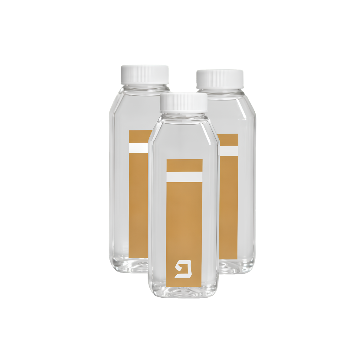 Set of two white personalized bottles with white caps, featuring matching gold rectangular labels and a small white geometric logo.
