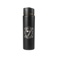 Black insulated travel tumbler with a matching black lid and a white circular personalized emblem on the front.